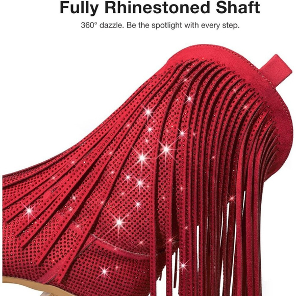 NWT Women’s Cowgirl Boots Rhinestone Fringe Sparkly Western Red Chunky Heel - Picture 4 of 10